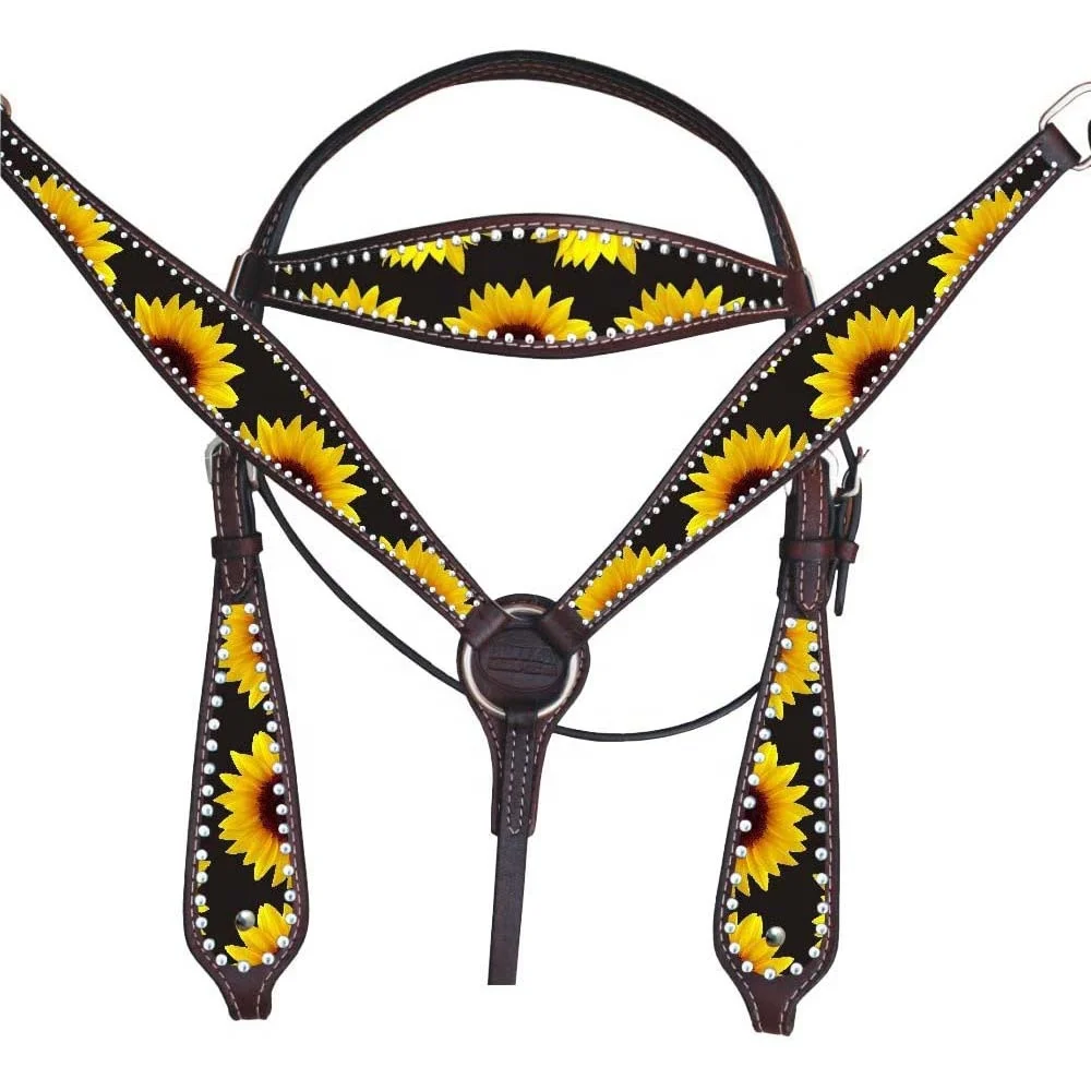 Wholesale Western Equestrian Horse Full Grain DD Leather Headstall Sunflower Printed Fancy Show Head Gear At Affordable Price