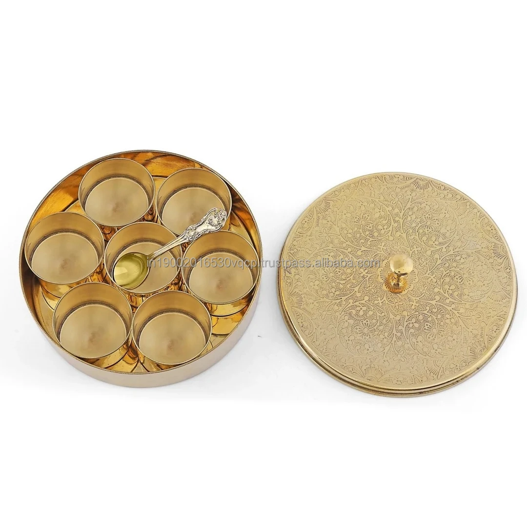 Brass Etched 7 Pcs Spice Box / Masala Box With Spoon 8 Inch Spice Container Kitchen Essential