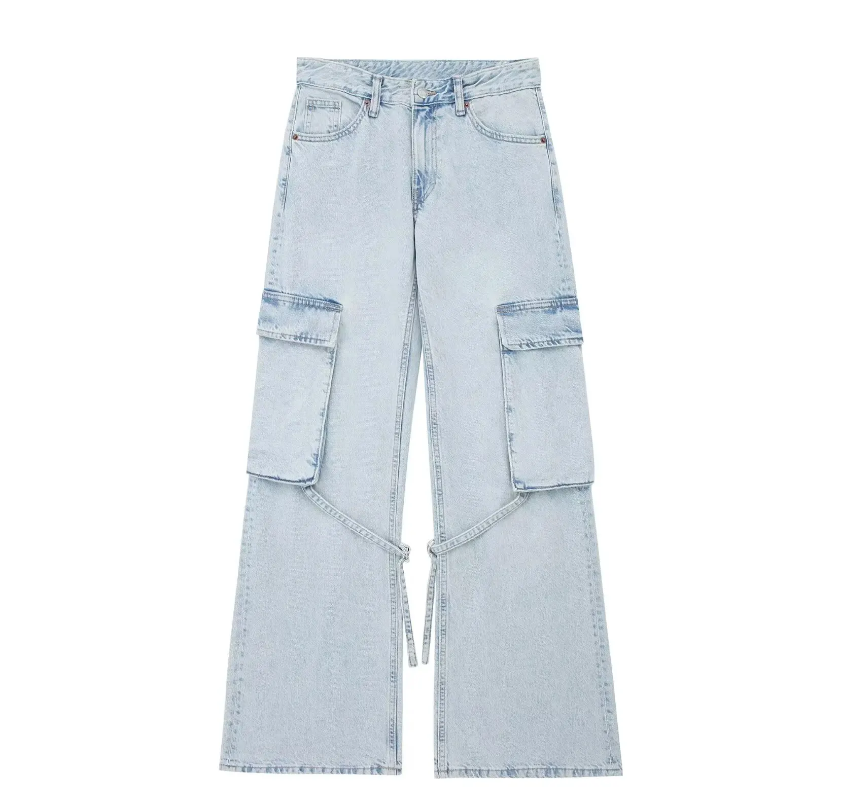 Denim Trousers Chic Lady High Street Pants Cargo 2023 New Clothing Women Mid-RiseJeans with Belt Loops Big Pockets