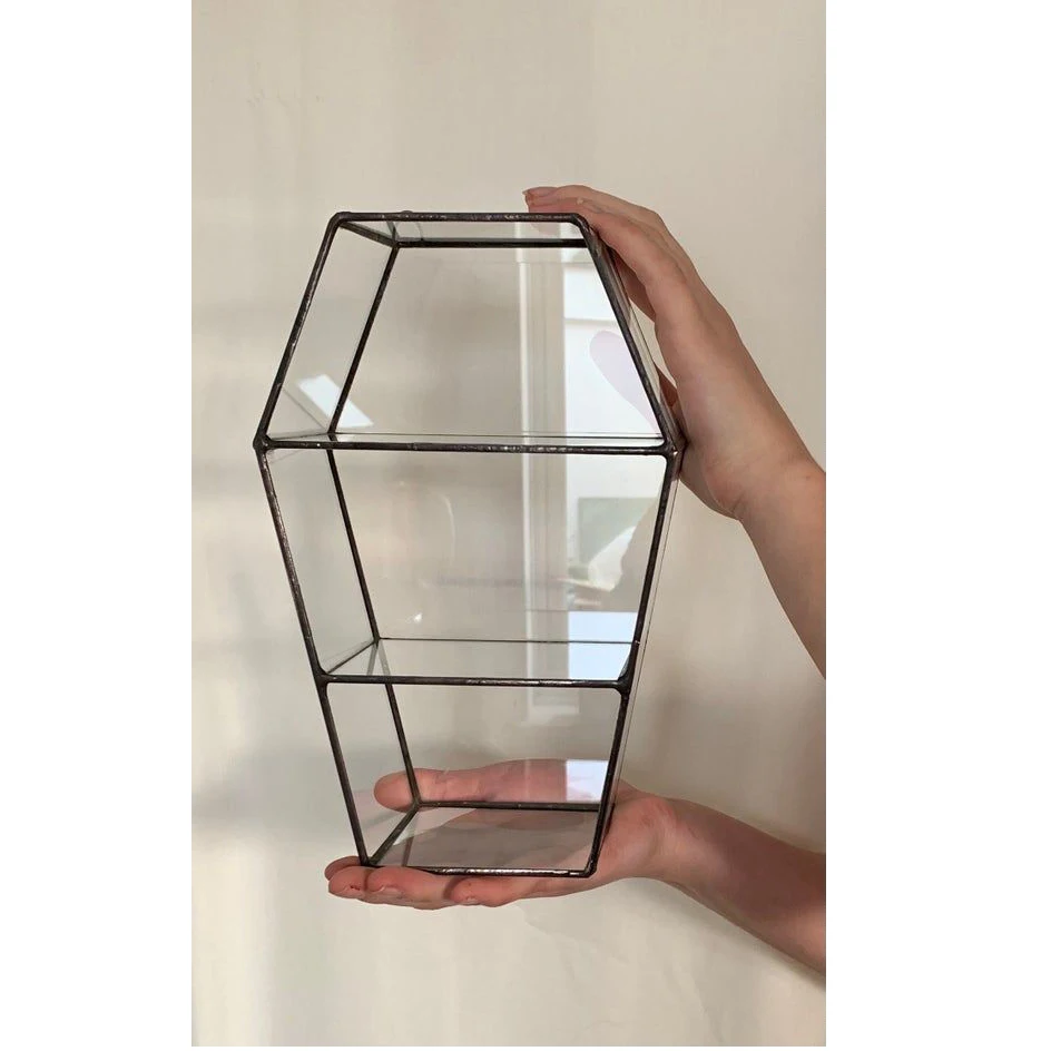 Home Wall Decorative Product Glass Storage in 2 Shelf Box For Jewelry & Bangle Store For Make-Up- Tools Kit Storage Coffin Shape