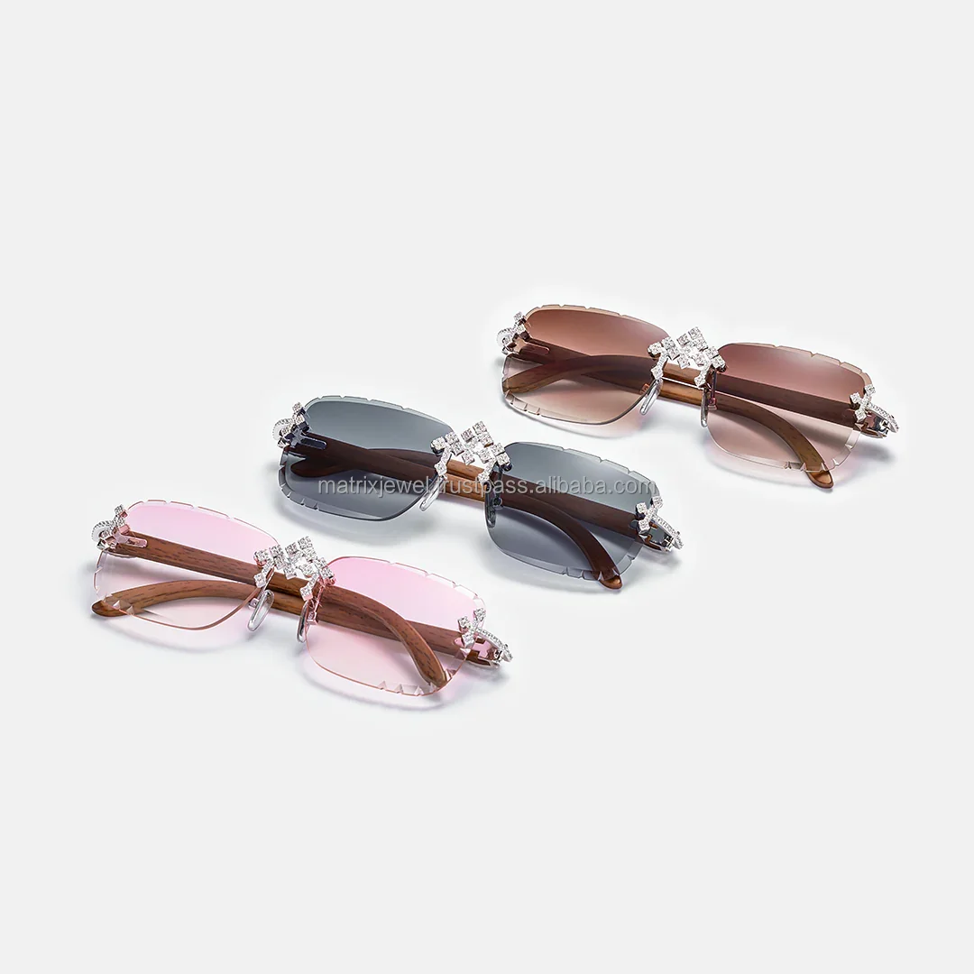 Hot Selling Hip Hop Cross Style Iced Out 925 Silver Frameless Rimless Moissanite Diamond Sunglasses