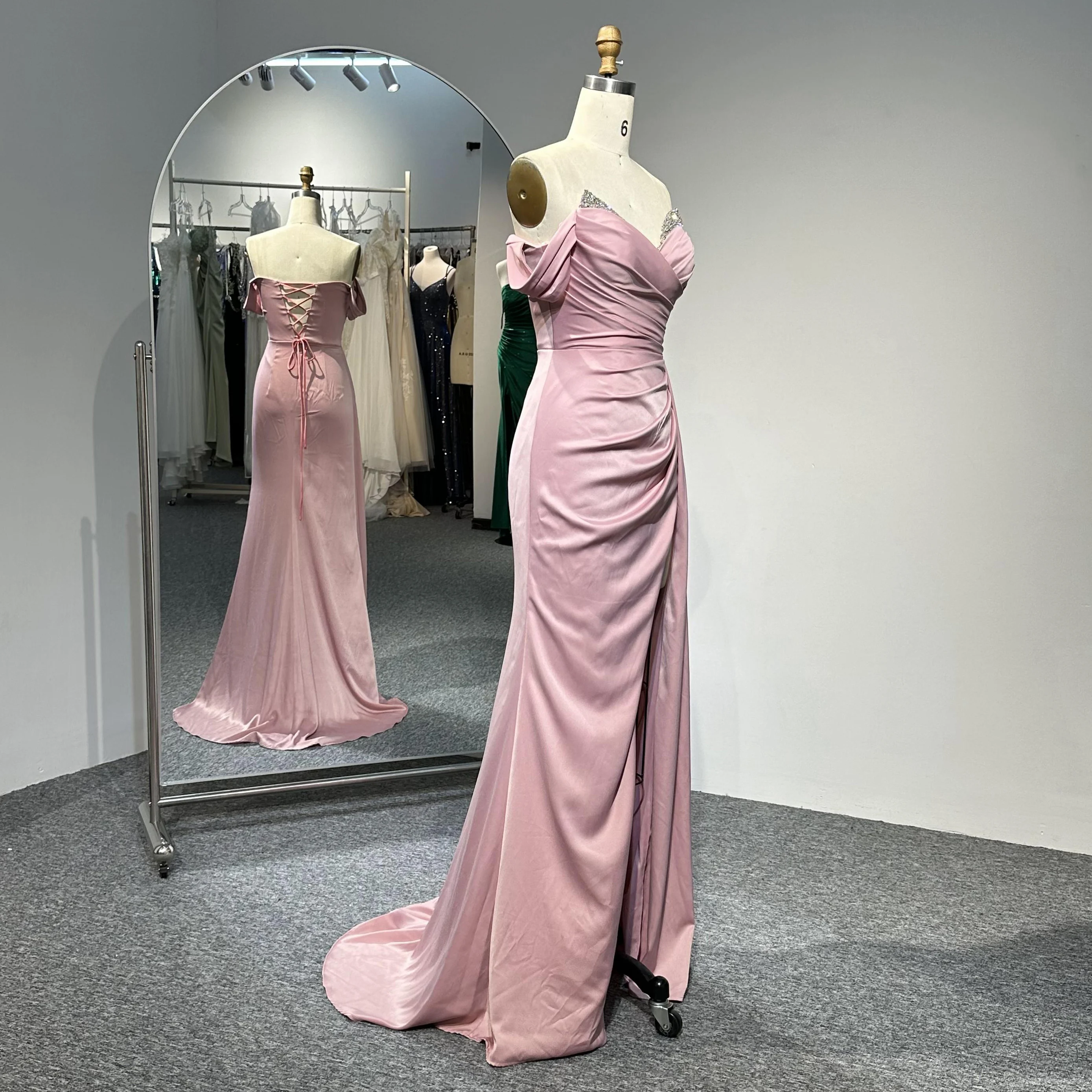 Pink Charmeuse Satin Fabric High Slit Strapless Gathered Pleated Handmade Beaded Embroidery Wedding Prom Dinner Evening Gowns