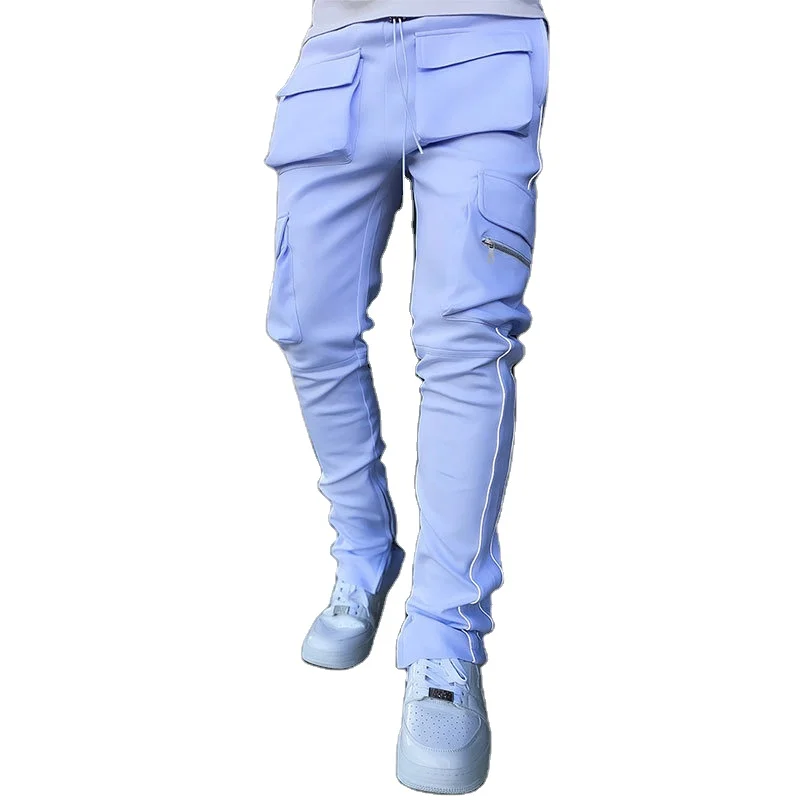 2024 Streetwear Reflective Stripe Cargo Men Stacked Joggers Sweatpants Pants With Pockets Top
