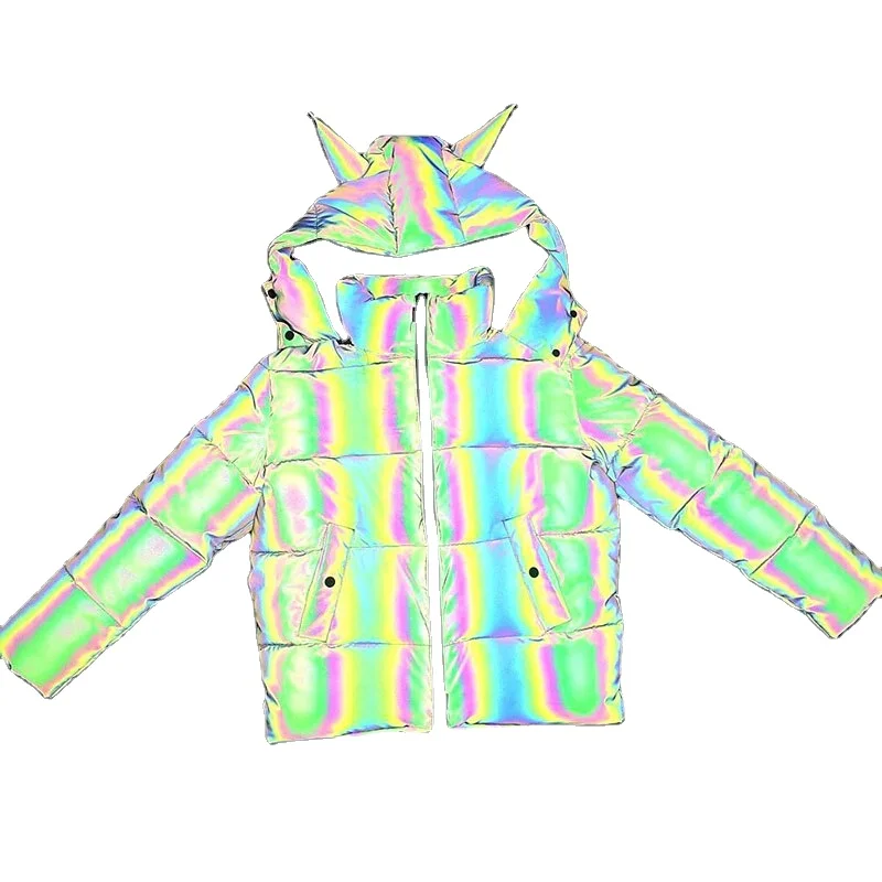 Модная плотная Радужная Светоотражающая куртка с подкладкой женское пузырьковое пальто ожогом для зимы парка капюшоном флуоресцентная верхняя одежда