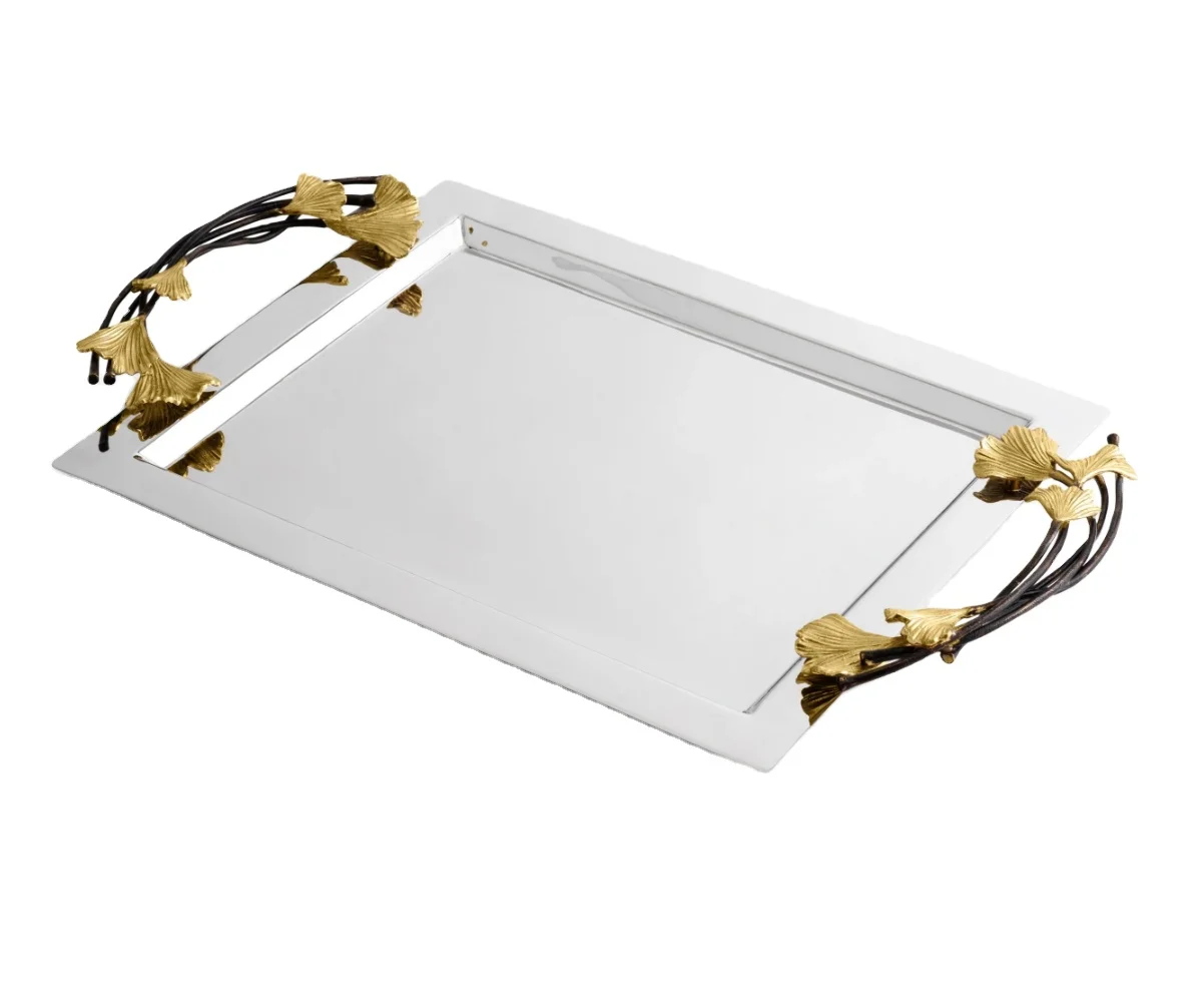 Luxury Stainless Steel Rectangle Tray Large Tray Golden Collection Natural and Oxisidised Brass stems and Leaves Delicate Design