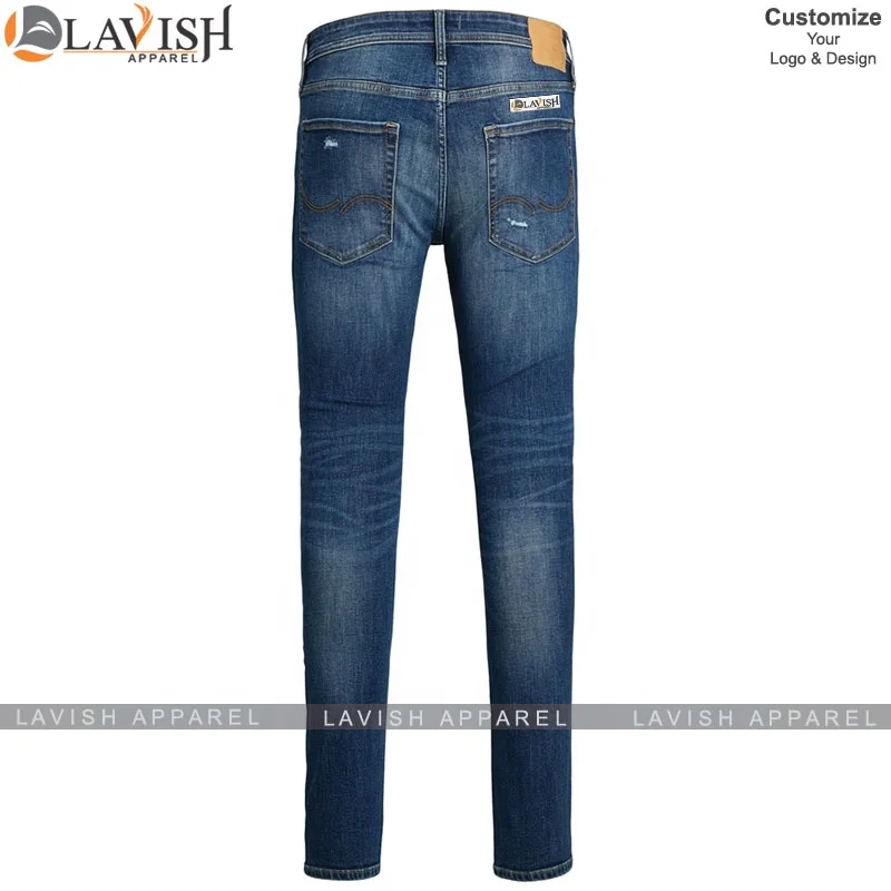 Custom Distressed Washed Dark Blue Denim Jeans Pants for Men Stylish Baggy Hole Super Skinny Jeans Men