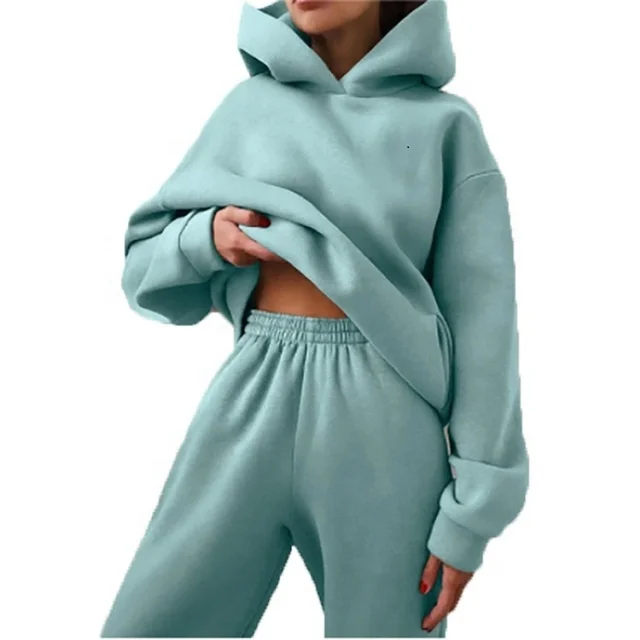 custom  fleeced sweat pant and hoodie jogging suit sets Winter solid plain women custom tracksuit  custom unisex sweatsuit set