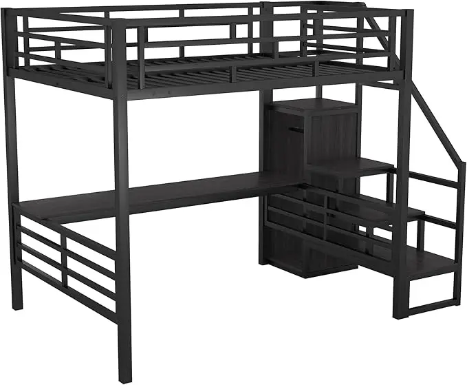 Twin over Twin Metal Bunk Bed with Side Ladder and Full-Length Guardrail Space-Saving Design for Bedroom Hotel school furniture