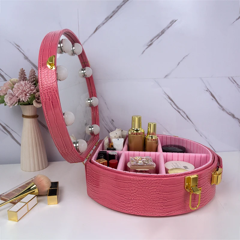 Tabletop Mirror Cosmetics Station Makeup Case with Dimmable LED Lights and Carrying handle