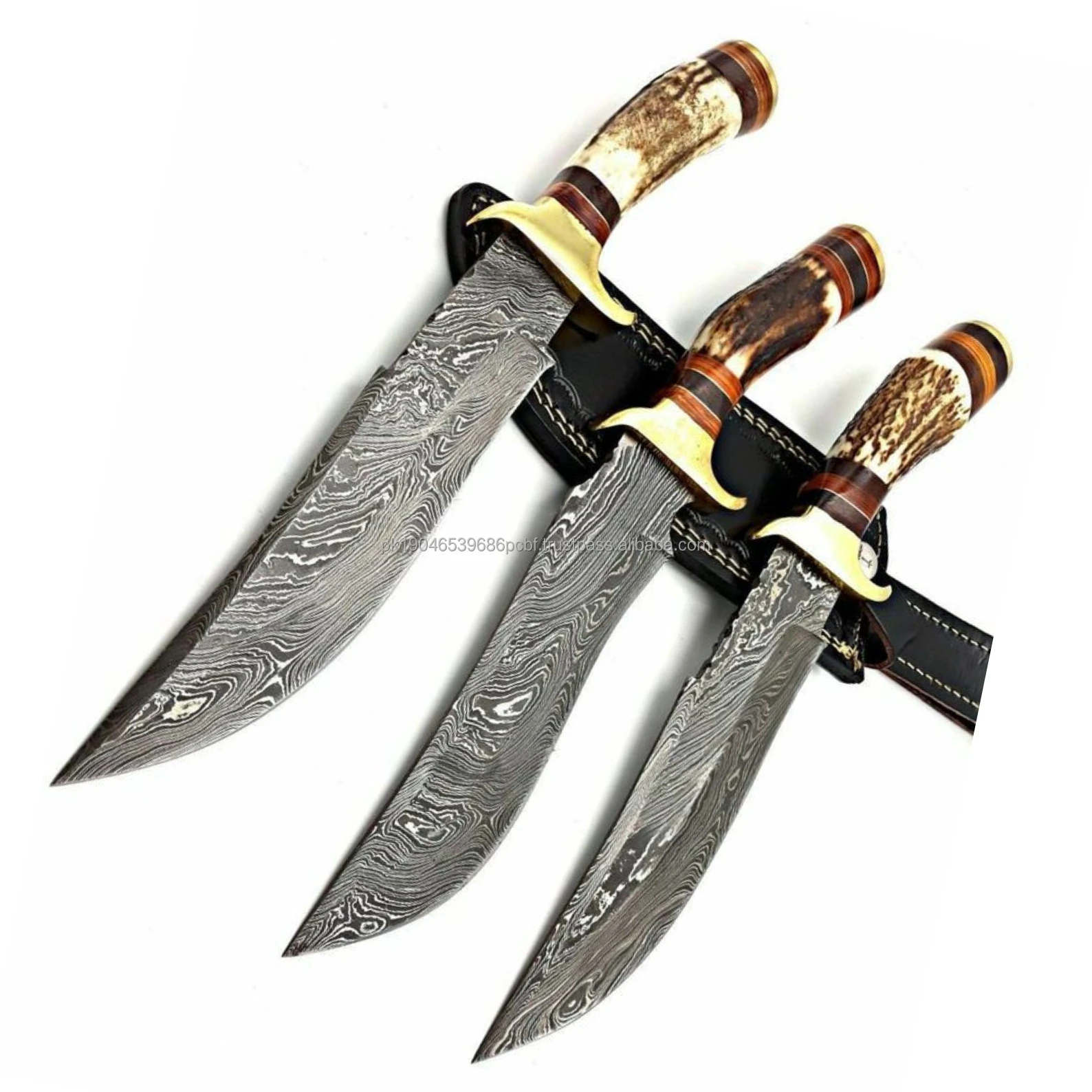 Real Damascus Steel Fixed Blade Industrial Grade Hunting Knife OEM Outdoor Camping Lot 3 Deer Antler Knives For Sale With Sheath