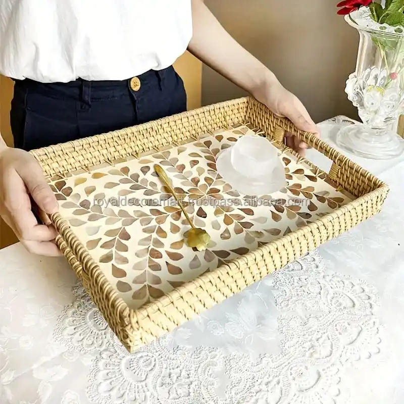 High quality best selling Natural EID Ramadan holiday Rectangle Rattan MOP Serving Tray With Handles  By Royal Decor Mart