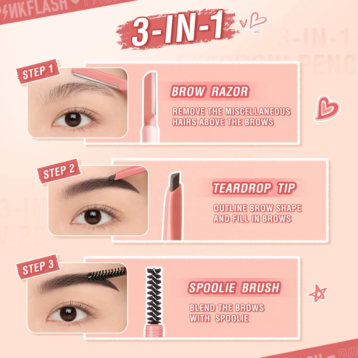 PINKFLASH E17 Automatic pink Eyebrow Pencil 3-in-1 Multi-use Brow Shaping Pen