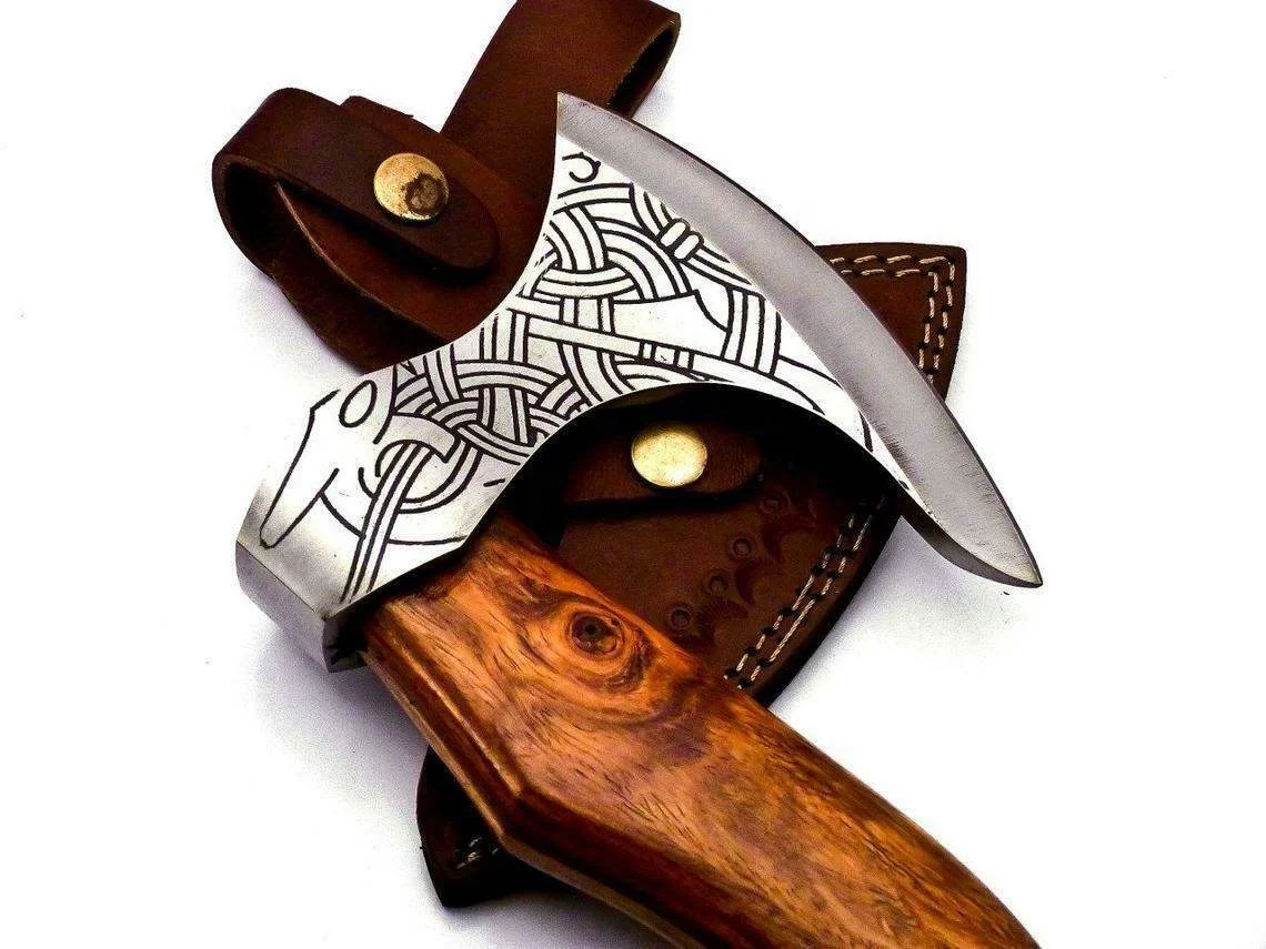 Custom Hand Forged Hatchet Carbon Steel Axe with Sheath | Rose Wood Handle