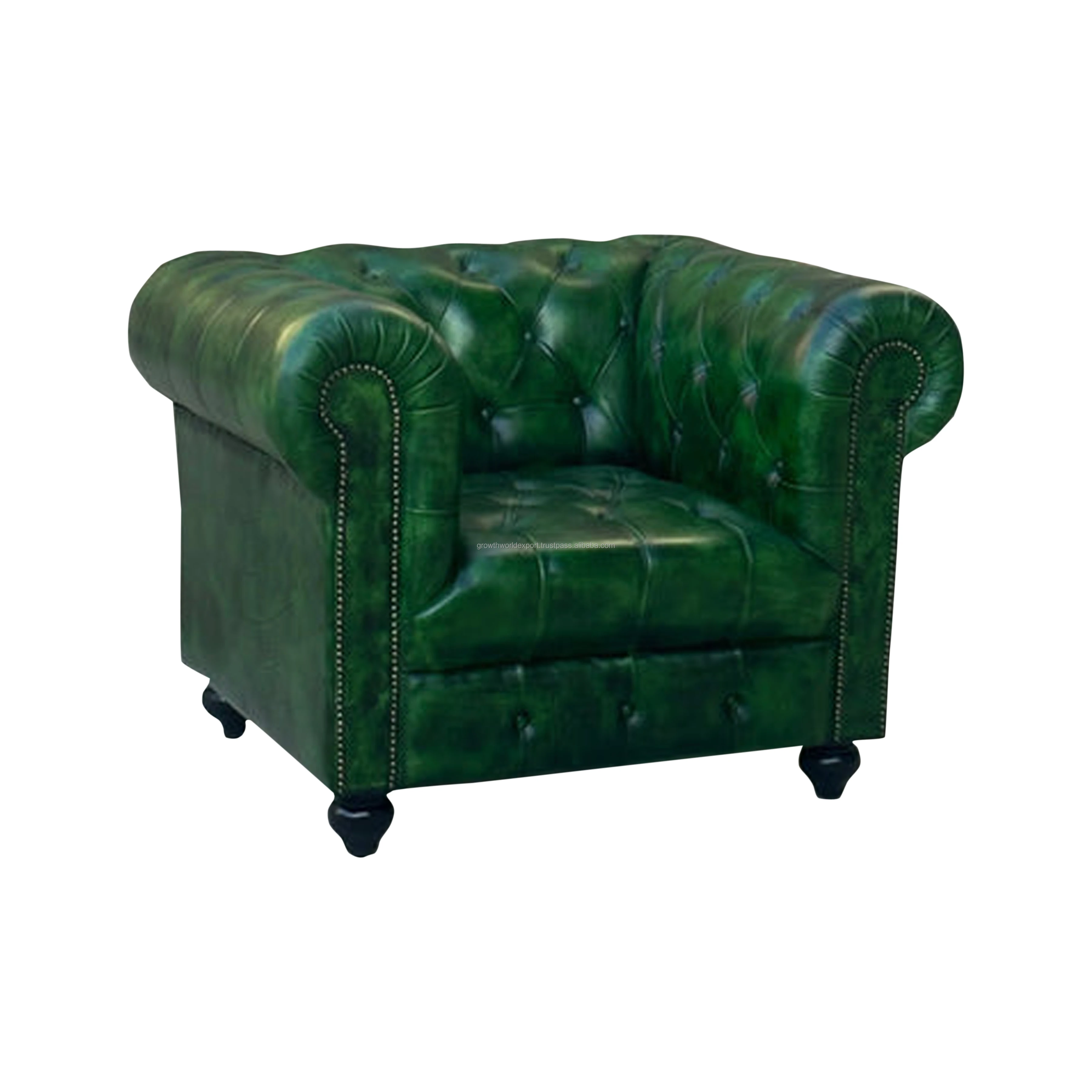 Premium Single Seater Polo Green Color Tufted Chesterfield Leather Sofa Restaurant Sofa Modern Living Room Hotel Arm Chair 2024