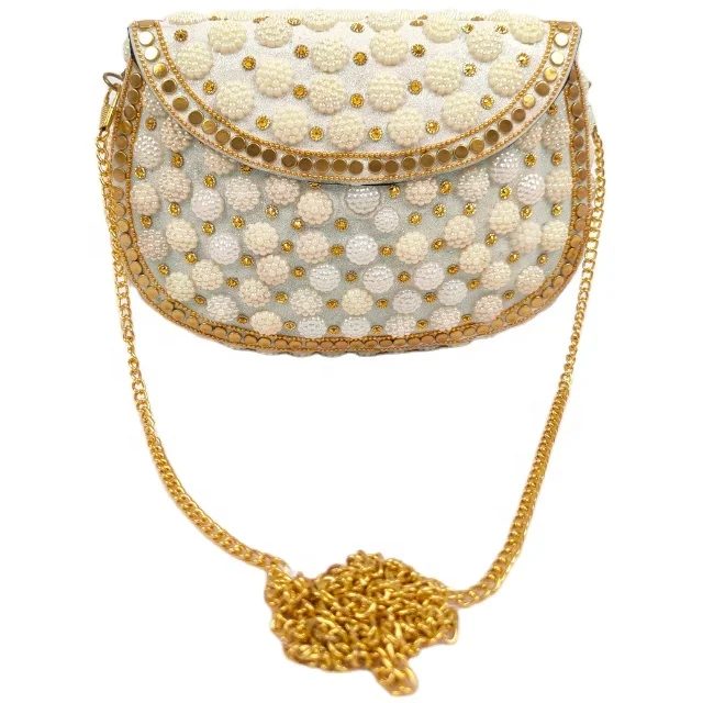 White Pearl Metal Clutch with Gold Chain and Pearl Embellishment (MOQ: 25 pieces) by crafts galore