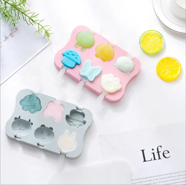 Amazing 6 Cavities Homemade DIY Reusable Silicone Cartoon Shaped Ice Cream Pop Maker Mold with Lids and Wooden Sticks