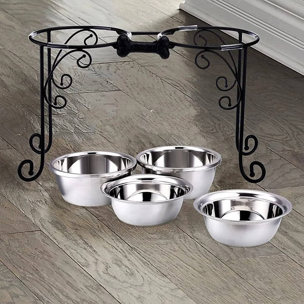 Black wire stand designer stainless steel  pet food and water bowl for puppies and cats in Customized Size and Color