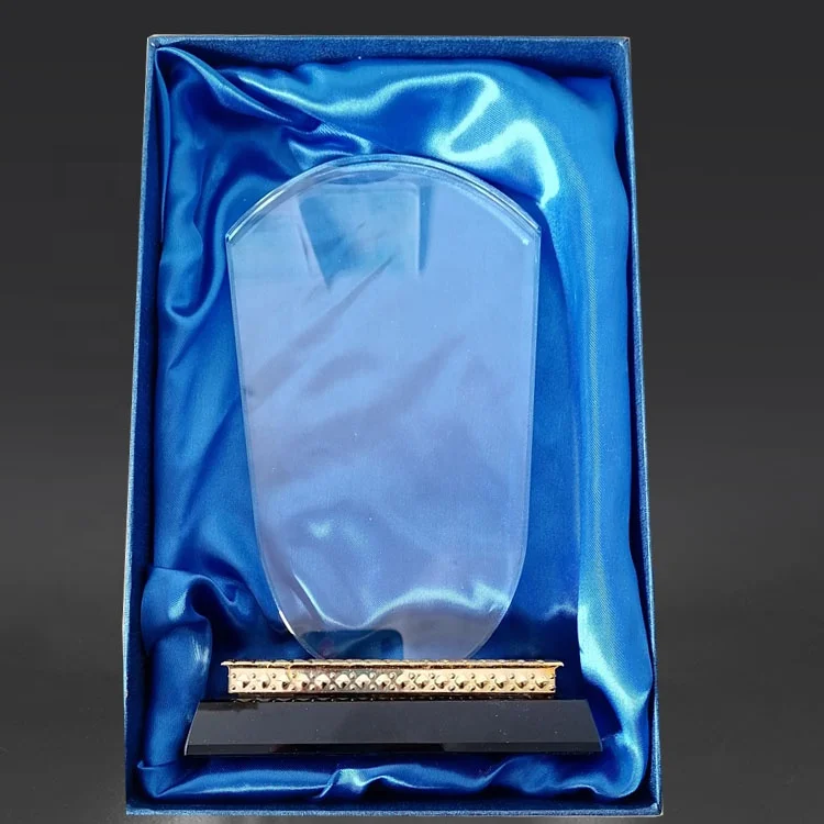wholesale high quality k9 blank crystal glass shield trophy black base for 3d laser engraving  with Golden trim base