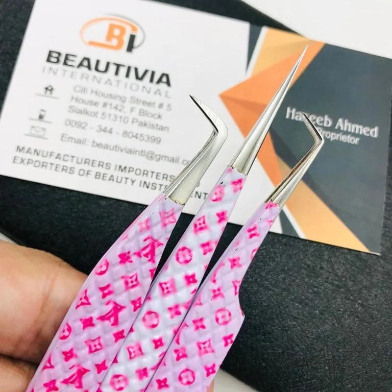 Hot Selling Lash Tweezers LV Print Paper Coated Custom Logo Eyelash Extension Tweezers