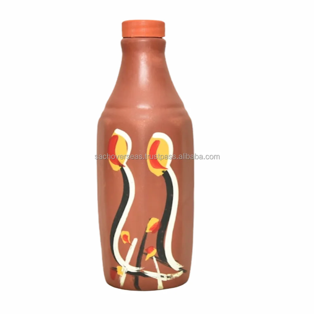 Premium Organic Clay 900 ML Hand-Painted Eco Friendly Portable Water Bottle with Metal Lid For Cool Water
