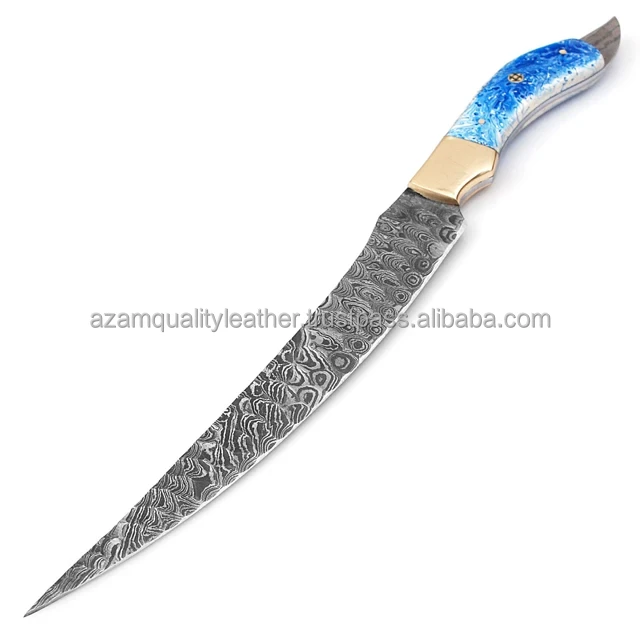 Beautiful Sizzco Handmade Damascus Steel Fixed Blade Hunting Camping Skinner Guthook Knife Handle USA Flag Style Wood Bone Damas