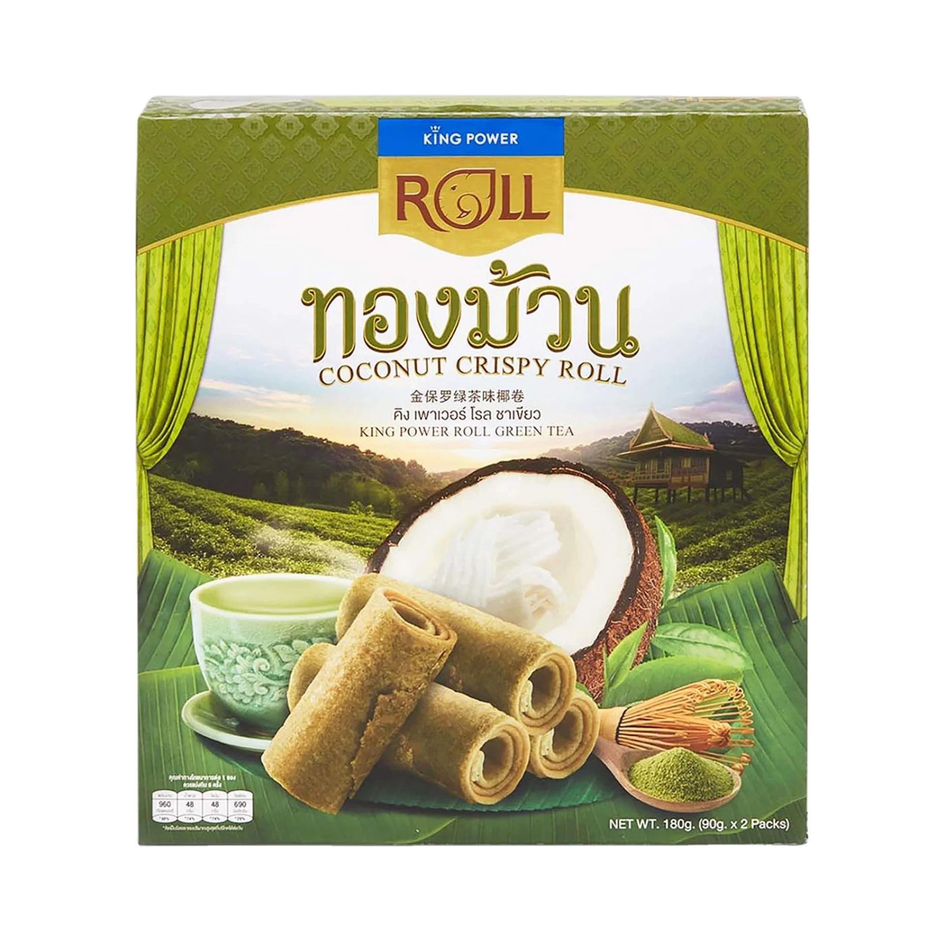 KING POWER ROLL ORIGINAL Green Tea - Sweet Coconut Crispy Rolls THAI SNACK FOR EVERYONE TO ENJOY WITH DELICIOUS TASTE