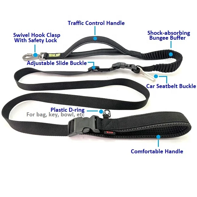 Heavy Duty 3 in 1 Multifunction Strong Bungee Shock Absorbing Dog Car Seat Belt Webbing Collar 2 Handle Training Leash