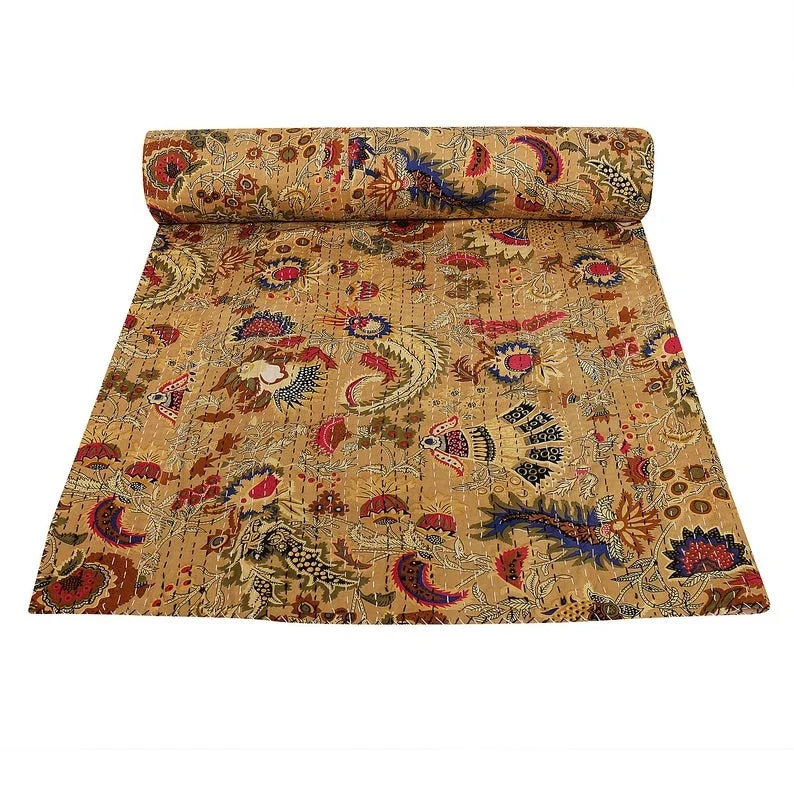 Indian Cotton Kantha Throw Hand Stitched Kantha Blanket Handmade Floral Design Kantha Quilt