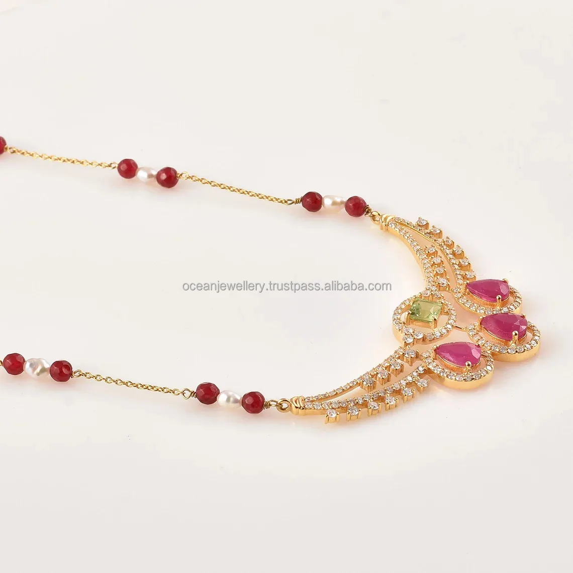 18k Gold Diamond Mangalsutra Pear Shaped Pink Tourmaline Tsavorite, Pearl Beads Multi Gemstone Chain With Pendant For Women