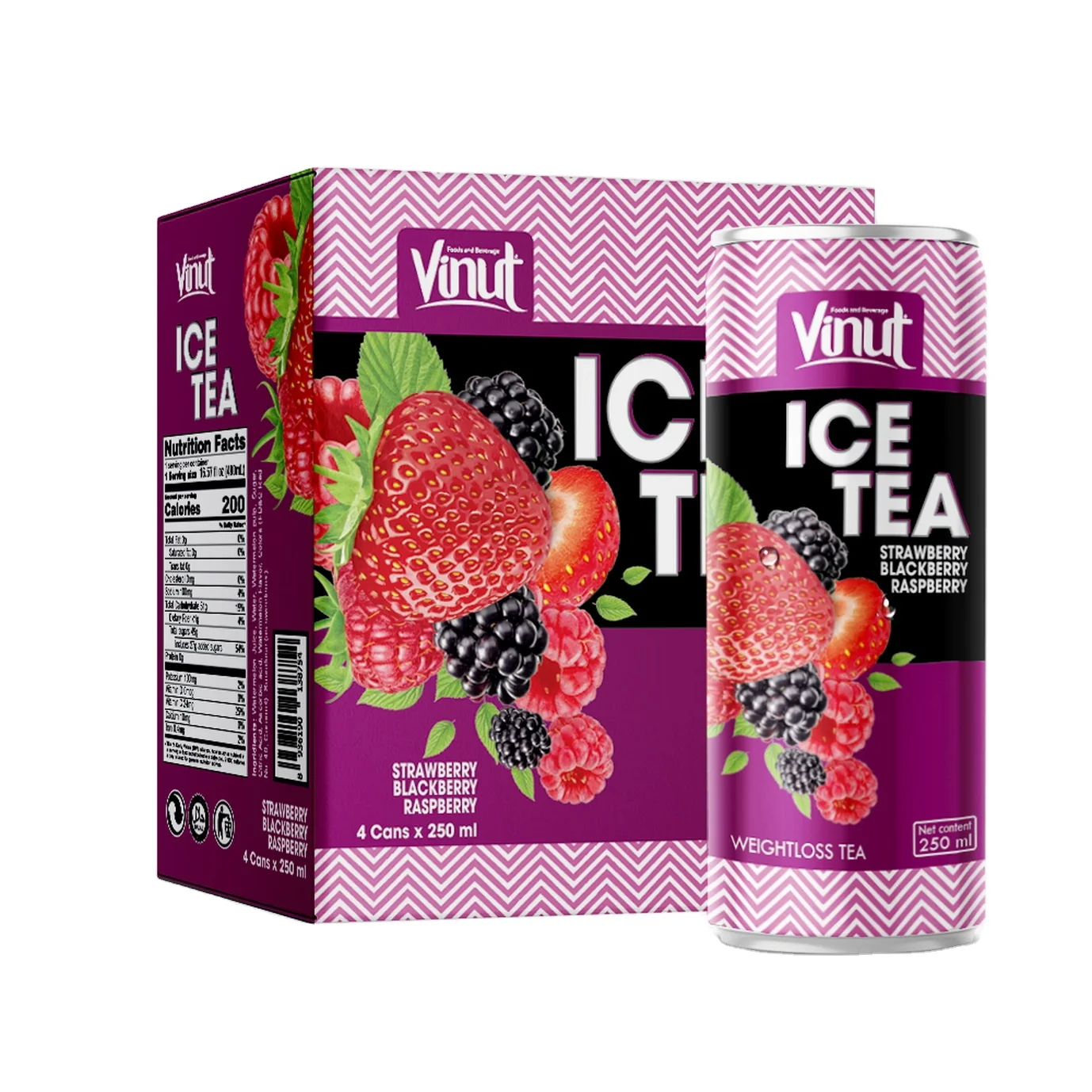 
250ml Carbonated Soft Drinks VINUT Box 4 Cans Ice Tea Strawberry Blackberry Raspberry Juice Wholesalers Beverage free sample 