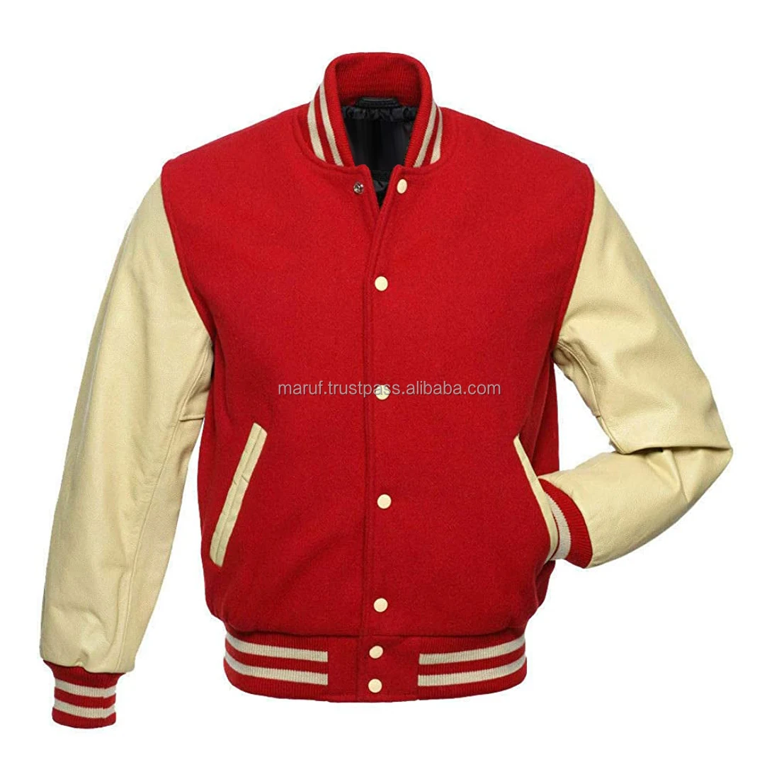 Красная Студенческая Куртка Varsity MSWVJ097 с кремовыми кожаными