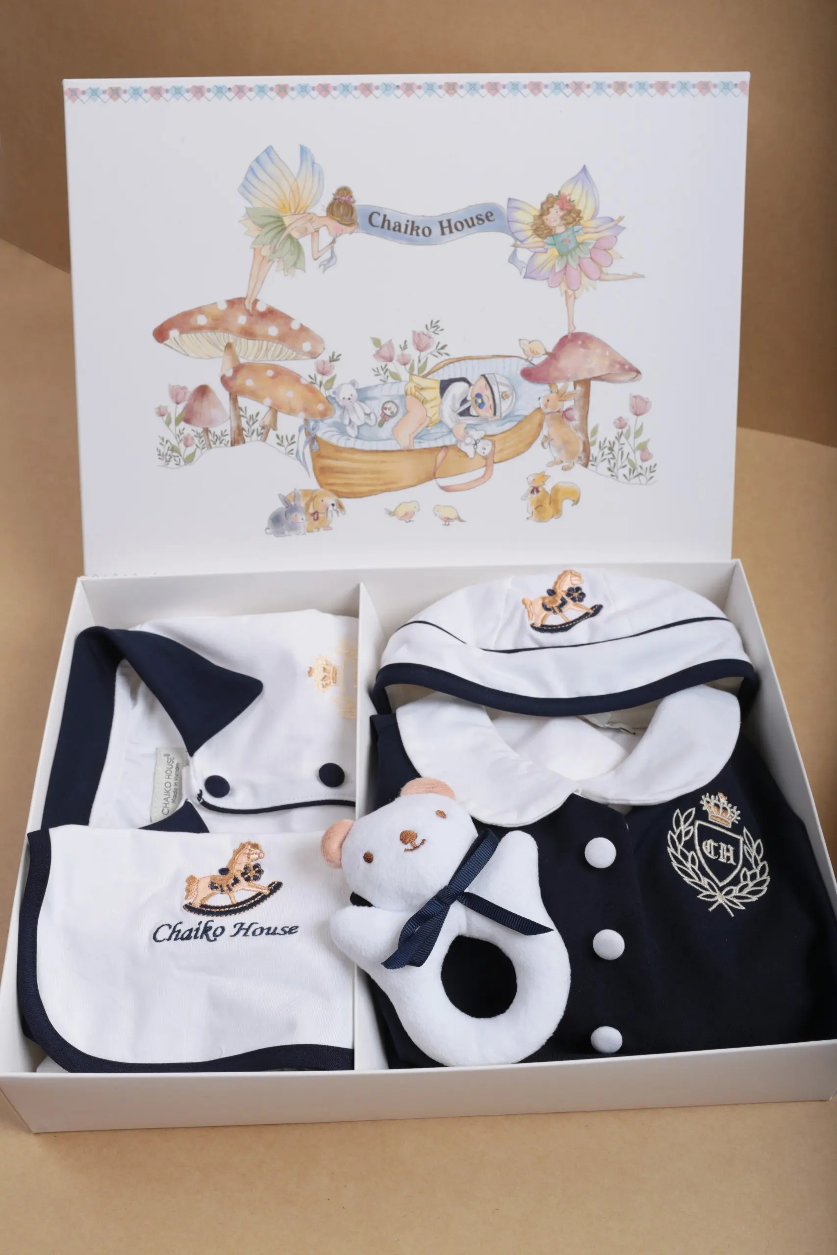 Newborn Baby Gift Set for Girls 7-Piece 100% Cotton Toddler Clothing Includes Dress Jumpsuit Hat Bib Sock Toy Horse Embroidery