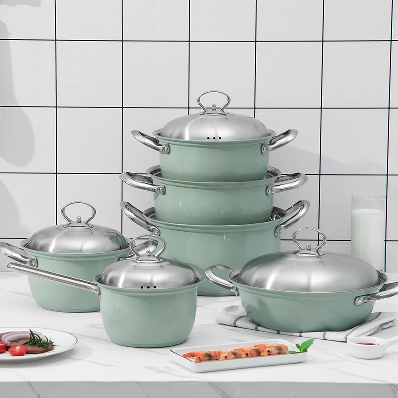 Factory price 12 Pieces Stainless Steel Pot 201 304 Material Covered Induction Bottom Chicken Casserole Sets