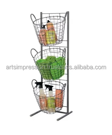 metal black three tier wire Basket for Kitchen Cabinet with custom handle Storage Basket Metal Wire basket With fine quality