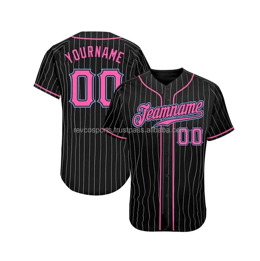 Black White Pinstripe Full Button Baseball Jersey Wholesale Custom Softball Jersey Pink Applique Embroidery Baseball Shirts