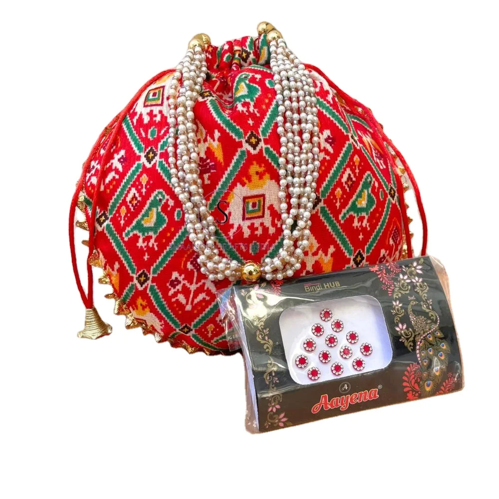 2024 New Arrival Good Quality Traditional Combo of Potli Paper Bags With Meenakari Chand Balis and Bindi for Return Gifts