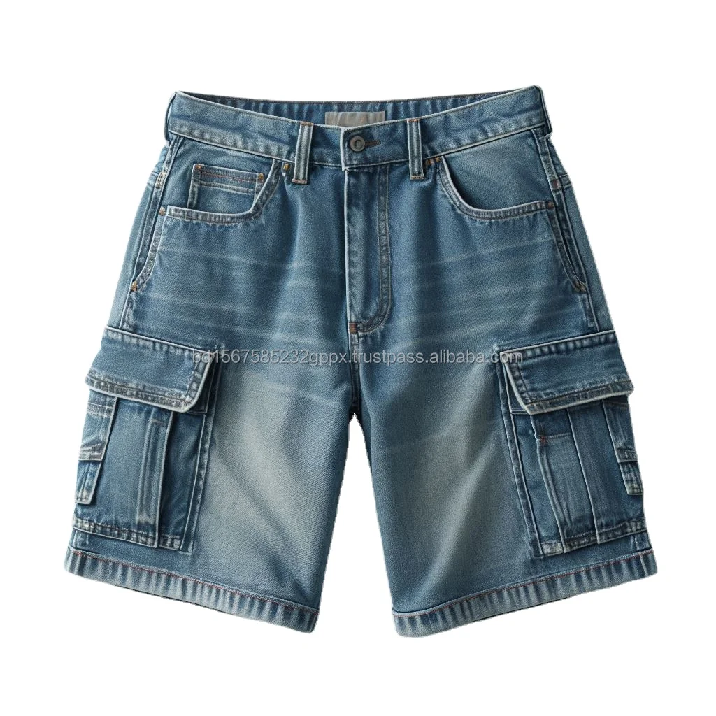 Trendy Dark Washed Denim Cargo Shorts High Quality 8 Pockets Vintage Style Smart Casual for Summer Streetwear Customized Labels