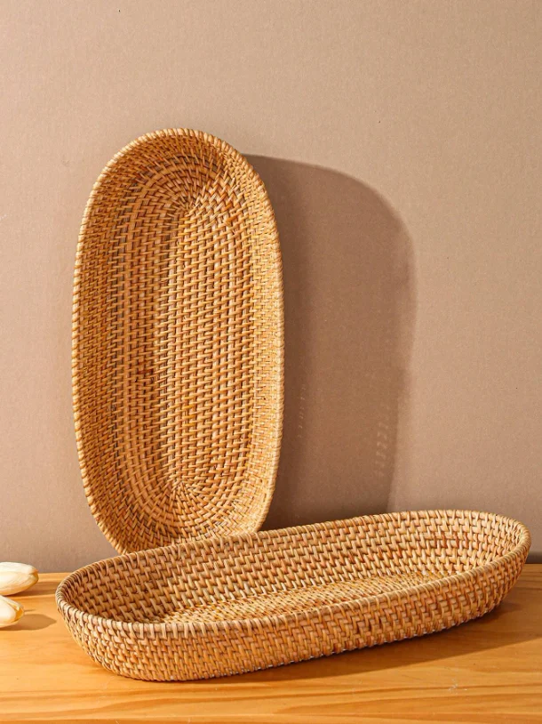 Bakery Organizer Rattan Oval Basket Hand Woven Handicraft Minimal Serving Trays Rustic Decoration for Kitchen and Restaurant