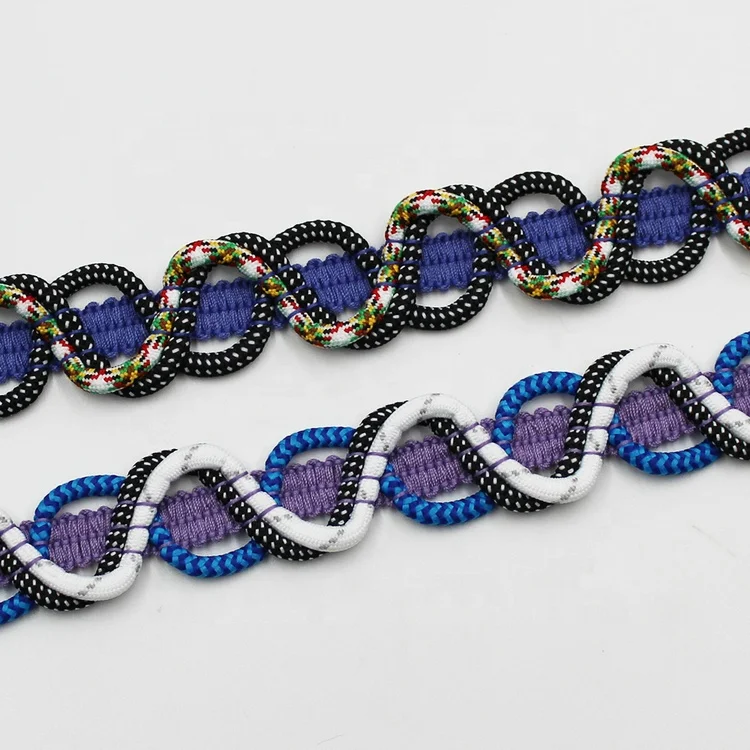 Custom blue purple 3cm polyester decorative crochet trim with braid cords for bags garment home textile