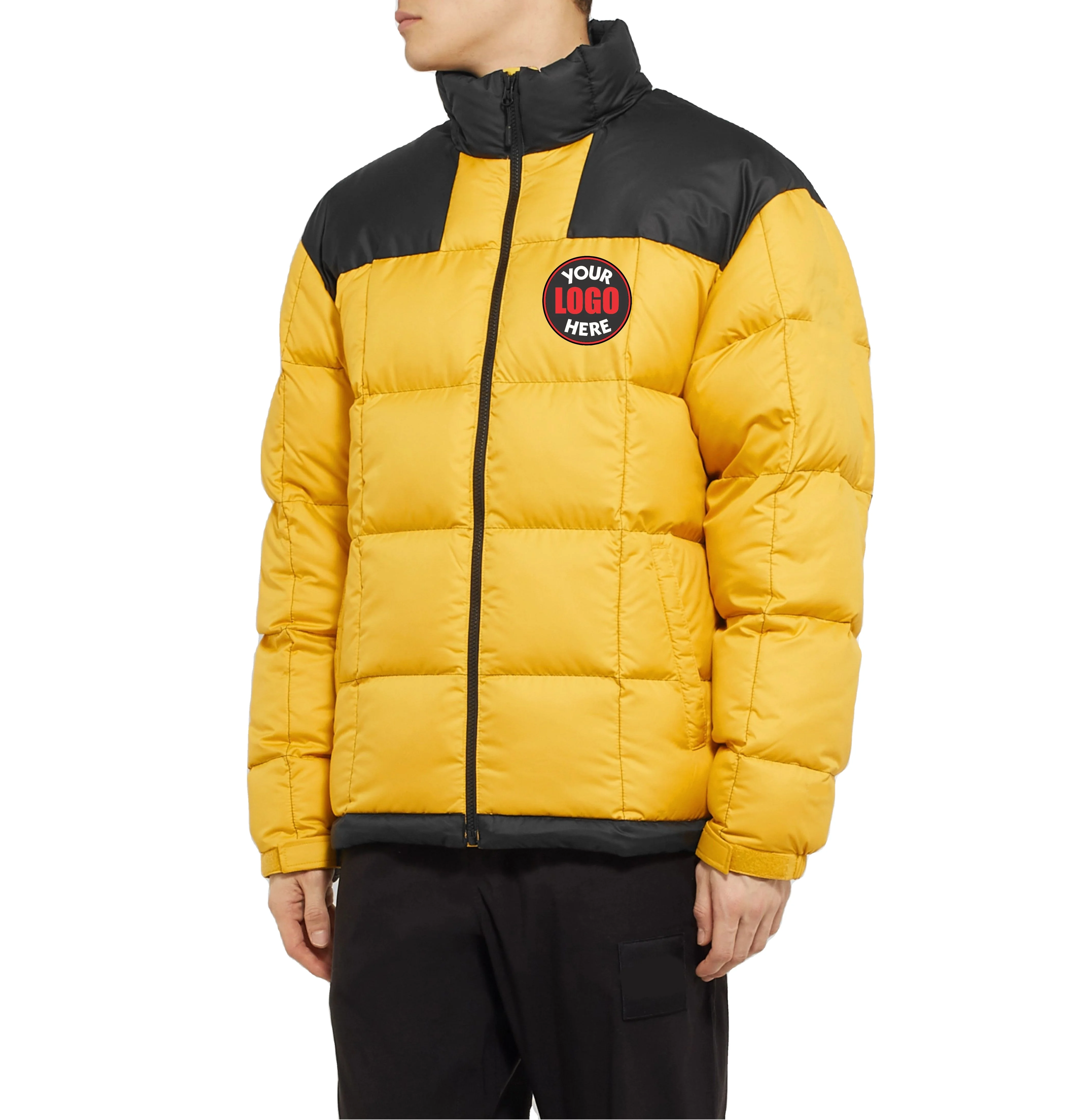 Custom logo Winter Outdoor Yellow Jacket Windproof Detachable Hood Light Weight All Over Print Men Bubble Puffer Jacket