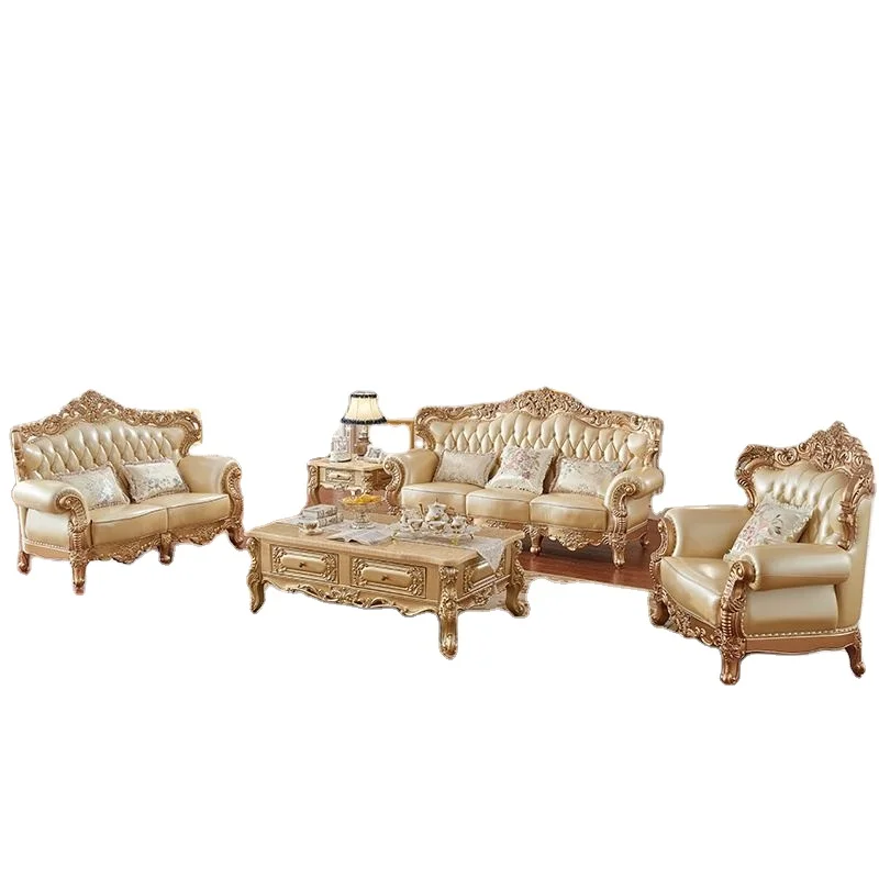 7 Seater Royal Luxury Antique Living Room Furniture Original Leather Sofa Set White And Gold Fabric Living Room Sofa Set
