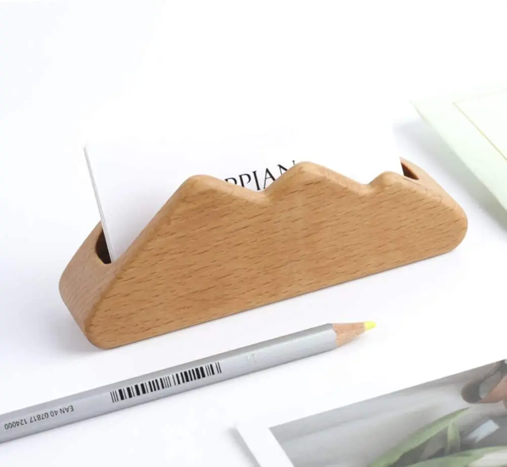 Custom Beech Wood Business Card Display Laser Cut Mountain Design Stand with Holder Case Organizer for Office Desk