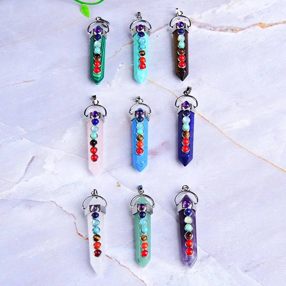 Wholesale Natural 7 Chakras Stone Double Point Gemstone Pendant Reiki Healing Handmade Fashion Pendant For Men Women Charm