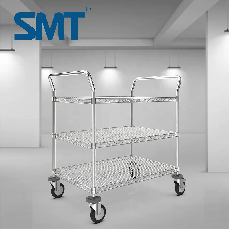 3 Tiers High Quality Cleanroom Mobile utility Storage Cart Stainless Steel SMT Mesh Wire Utility Trolley Cart for Industrial
