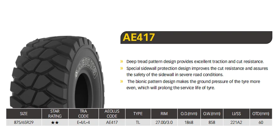 875/65R29 AEOLUS AE417 TIRE  OTR TYRE  FOR LOADERS DOZERS DUMP TRUCKS TIRE 87565R29