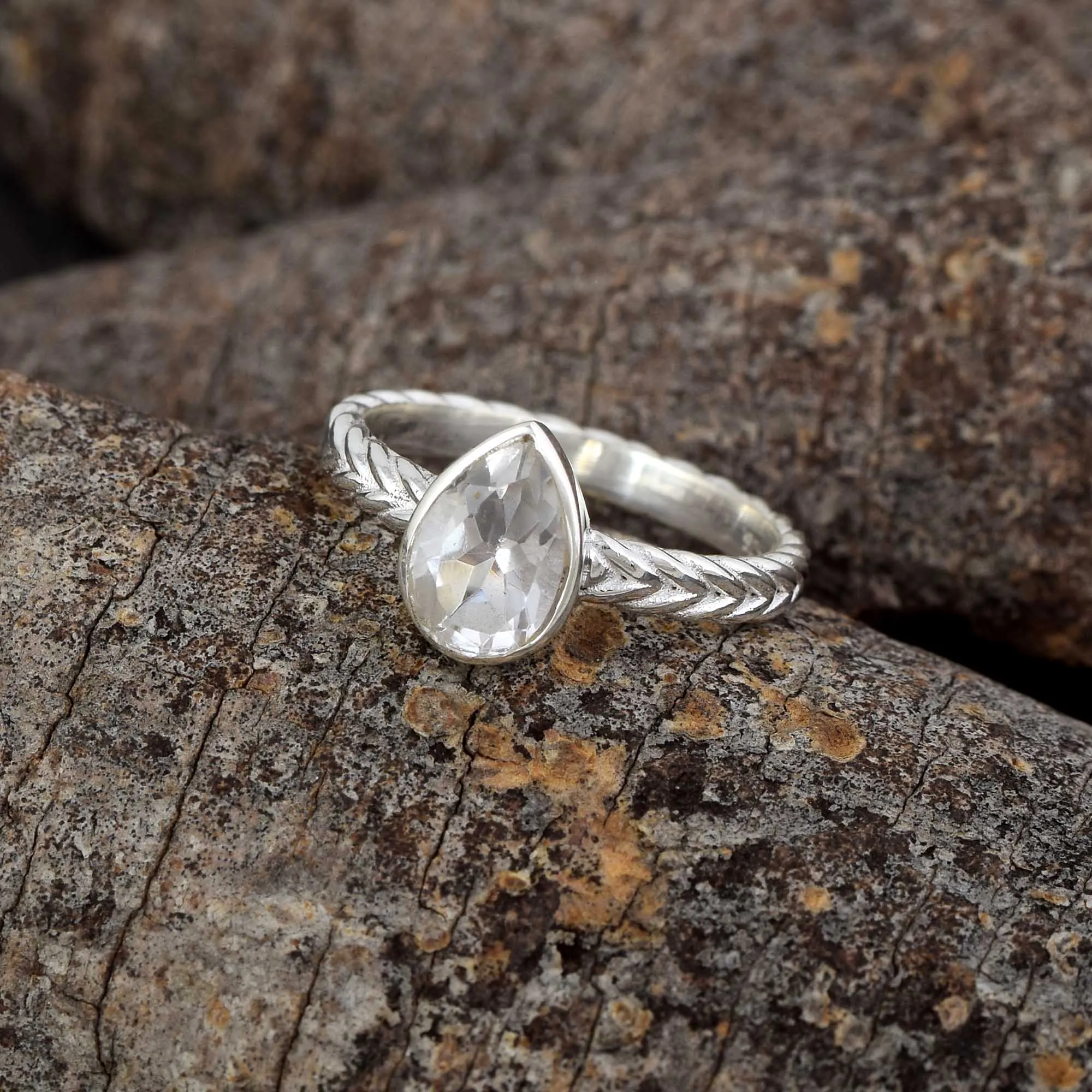 Crystal Quartz Gemstone Wedding Engagement Ring 925 Sterling Silver Pear Shape Stone Rings Birthday Anniversary Gift for Her