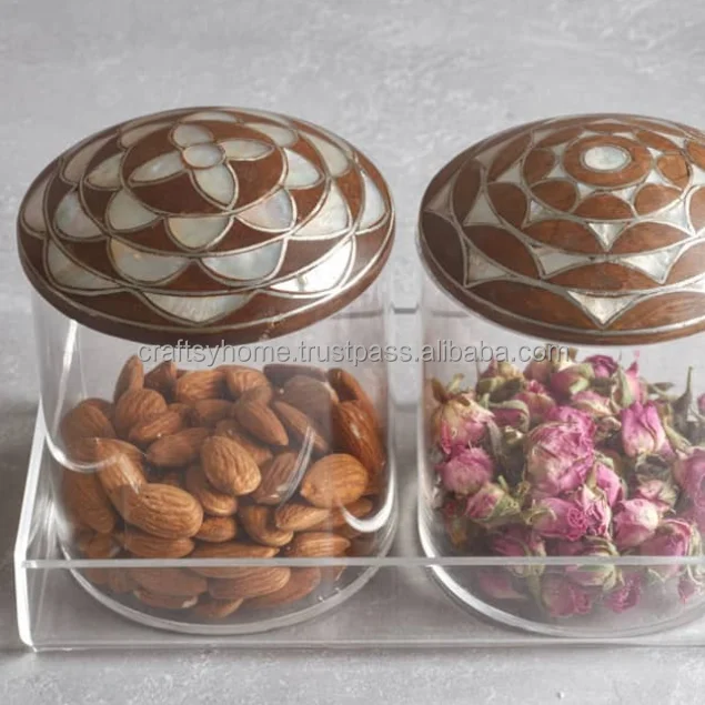 Top Quality New Modern Acrylic Tray with Acrylic Jar and Wood Mother Of Pearl Lid  Container set for Dessert Storage Kitchenware