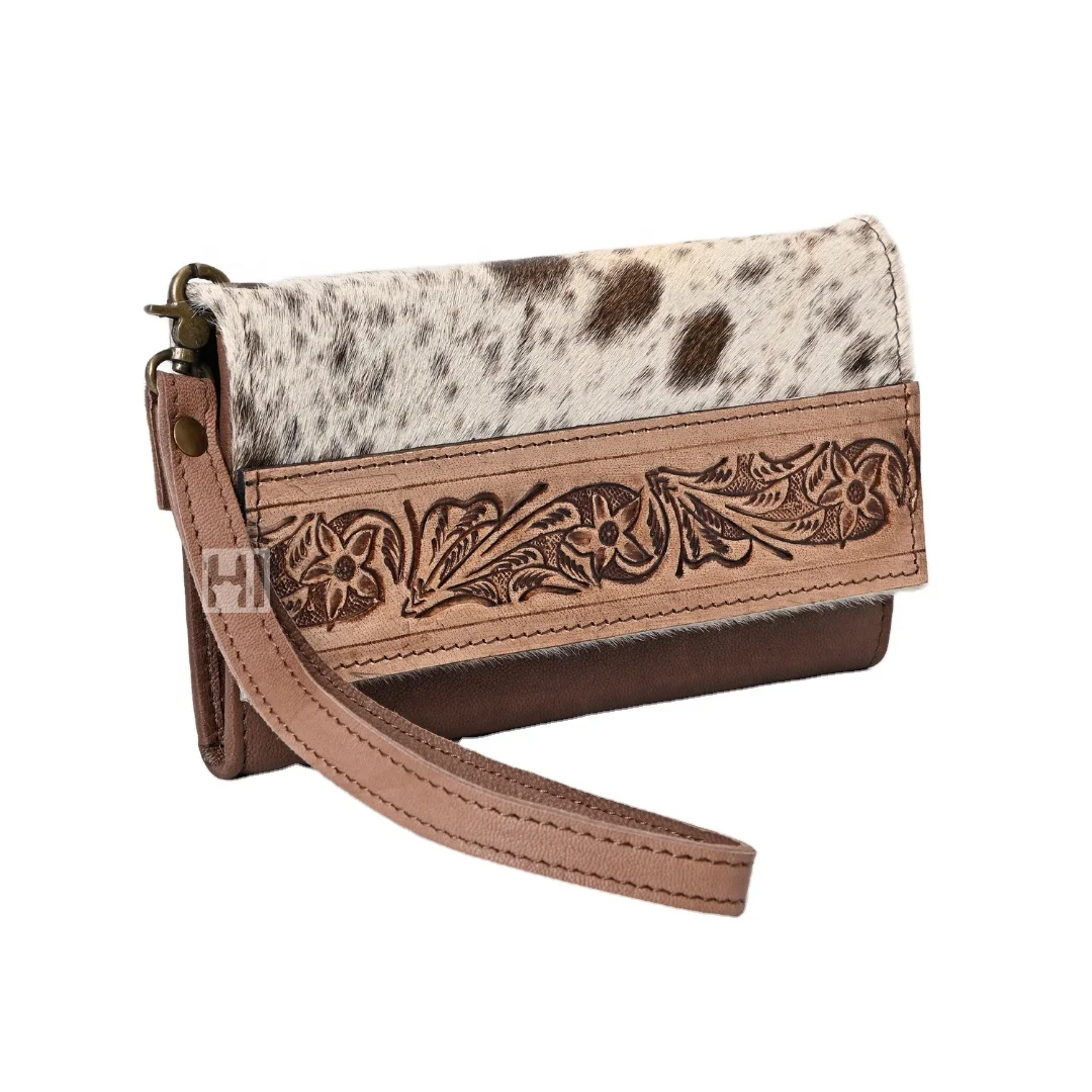 Custom Luxury Western Fashion Cowhide Tooled Leather Wallet Cowhide Hair On Hand Clutch For Women Daily Use Office Shopping