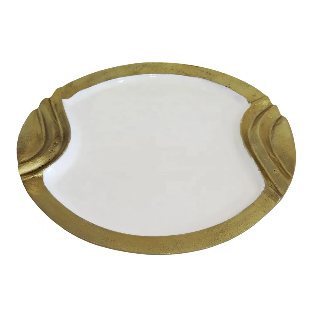Serving Tray Set of 3 Rectangular Shape Aluminium Tray For Serving White and Gold Color wholesale serving tray
