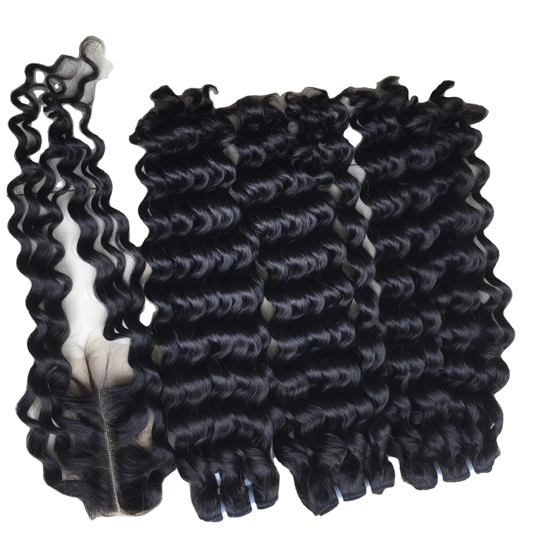 
Оптовые продажи, глубокие вьющиеся + закрытые волосы 2*4 для необработанных во Вьетнаме, 100% натуральные человеческие волосы remy, наращивание человеческих волос 